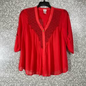 Charming Charlie Women’s Red One Button Flowy Boho Top - Size Small - Lace Trim